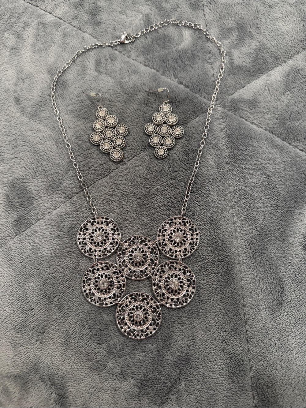Silver Filigree Statement Necklace and Earrings Set